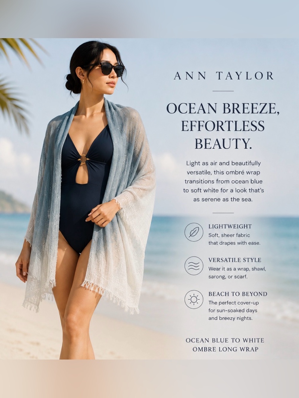 Ann Taylor Ocean Steel Blue to White Ombre Wrap Cover-Up long travel scarf NEW